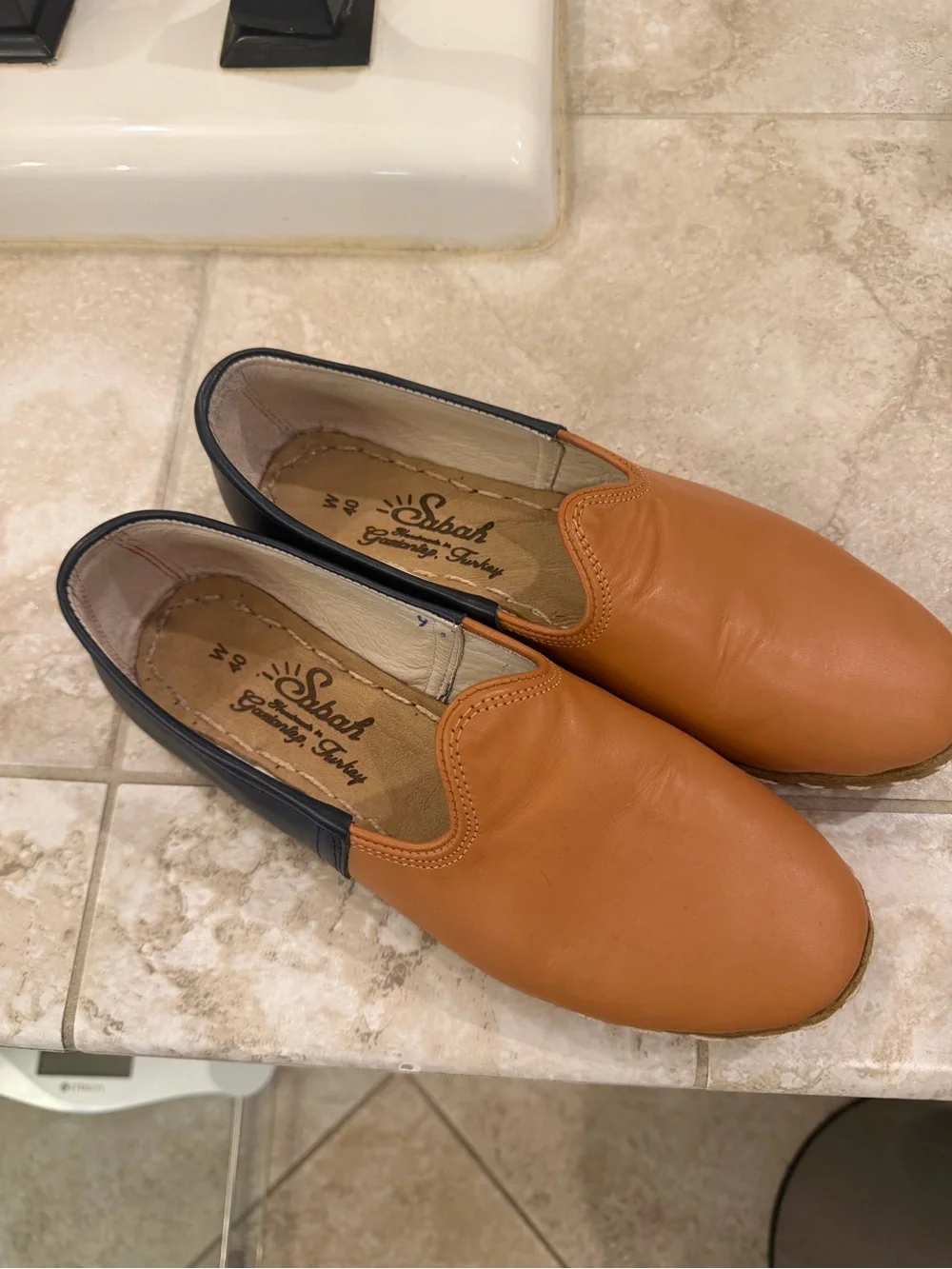 Sabah Two-Tone slip on Shoes in Camel and Navy